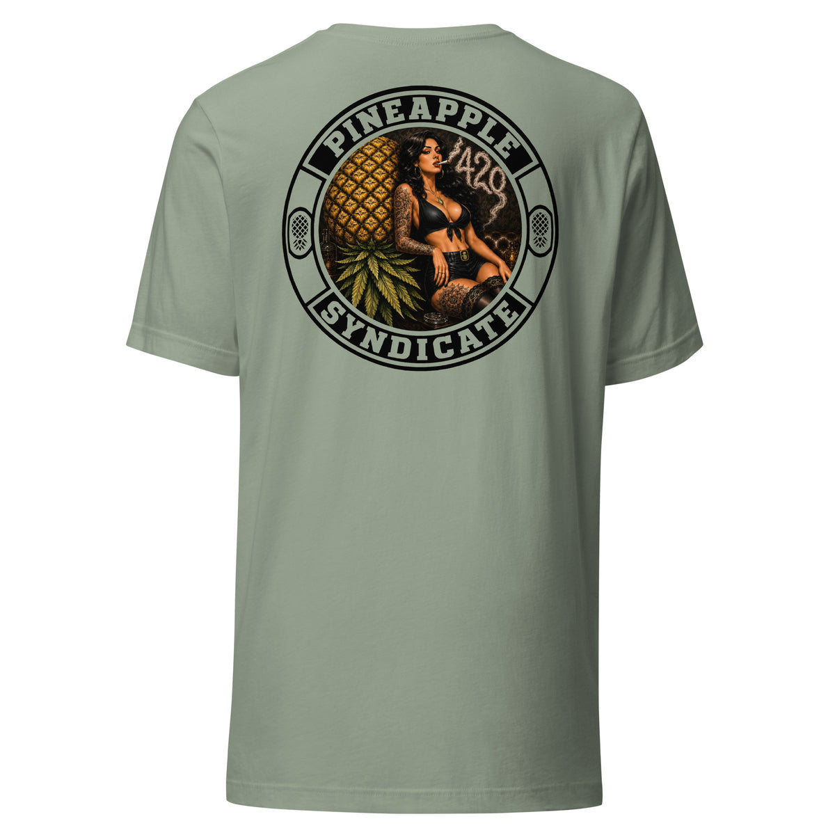 Pineapple Syndicate 420 Syndicate tee featuring a tattooed pinup, large golden pineapple, smoke-formed 420, and dark circular framing.