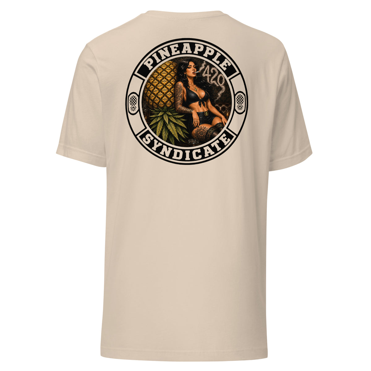Pineapple Syndicate 420 Syndicate tee featuring a tattooed pinup, large golden pineapple, smoke-formed 420, and dark circular framing.