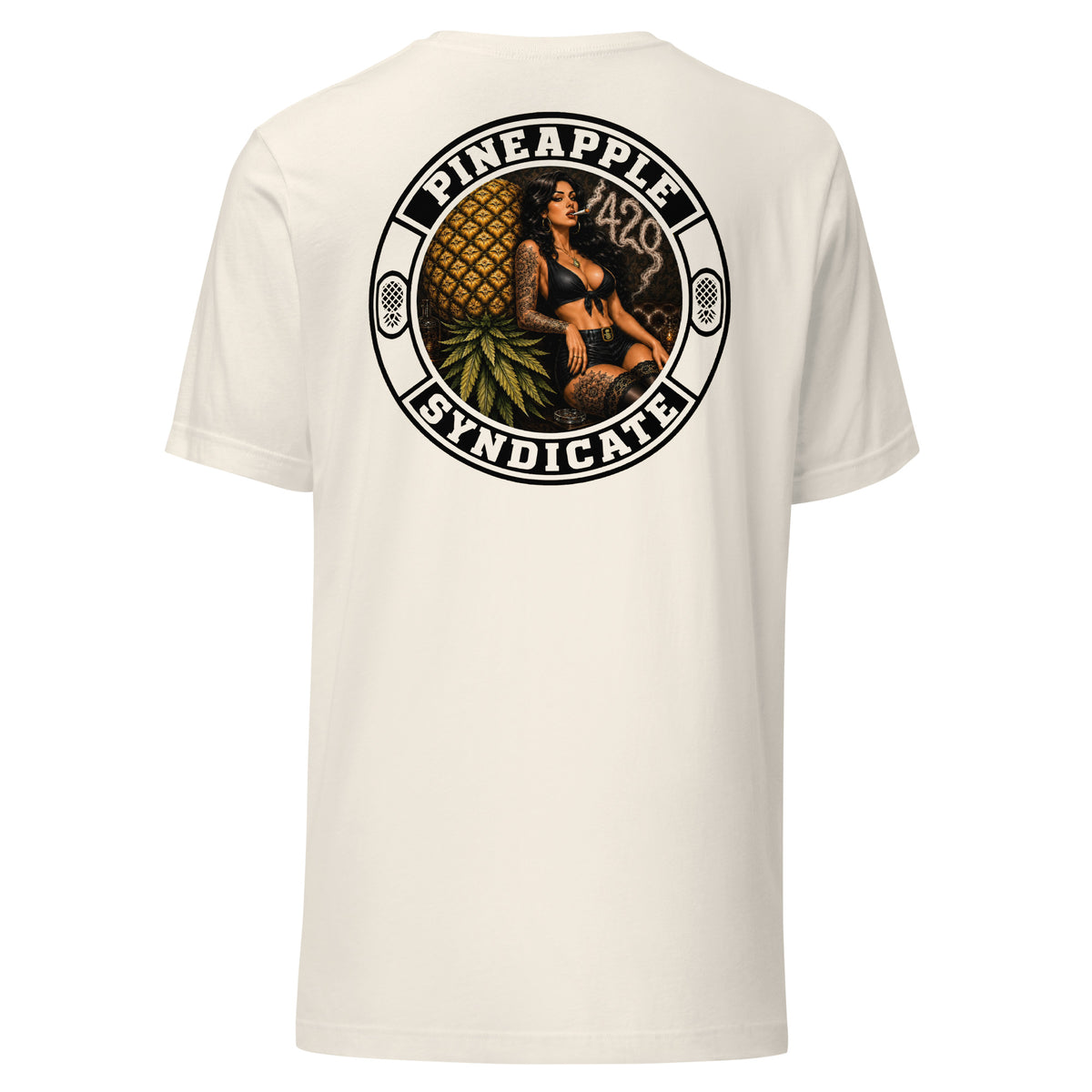 Pineapple Syndicate 420 Syndicate tee featuring a tattooed pinup, large golden pineapple, smoke-formed 420, and dark circular framing.