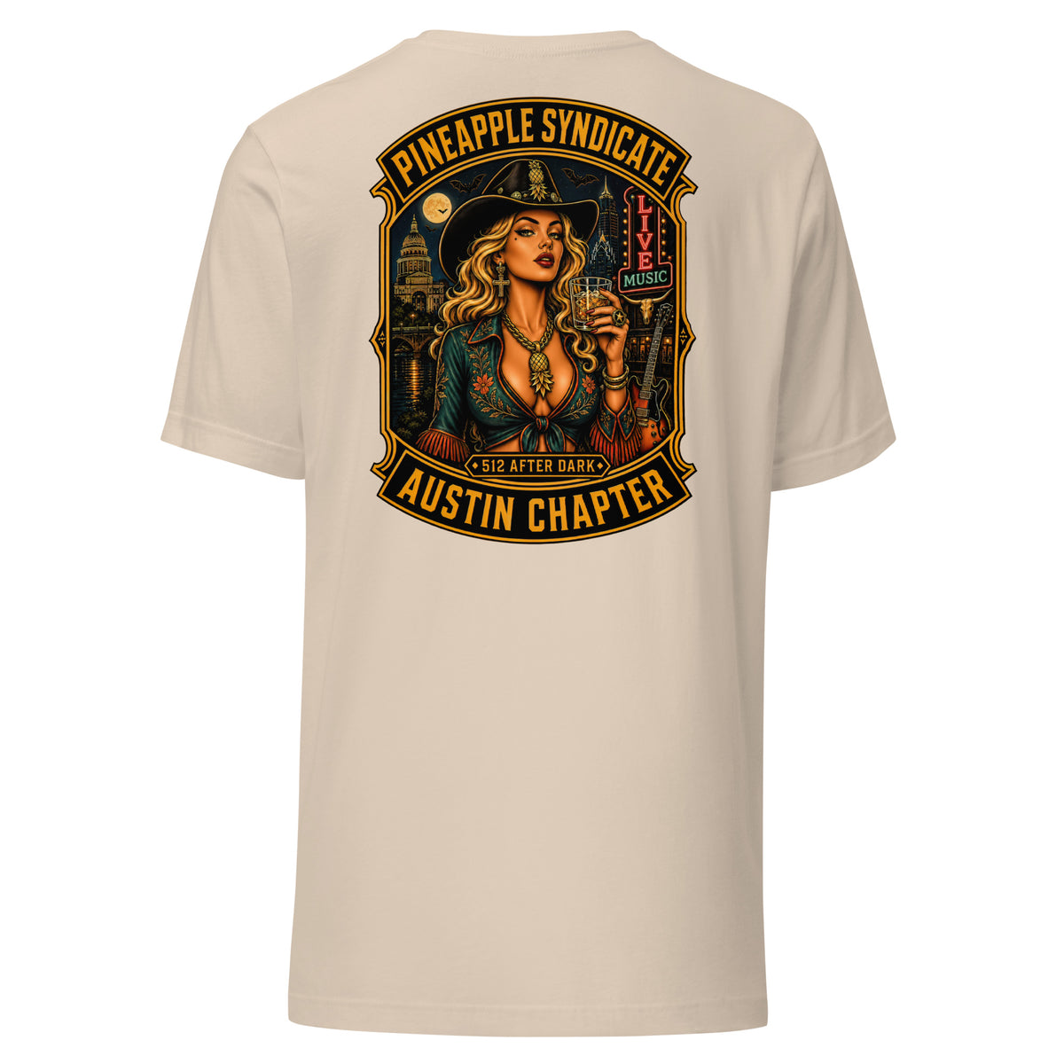 Pineapple Syndicate Austin Chapter tee featuring a western pinup with whiskey glass, Live Music sign, guitar, Austin skyline, Texas Capitol, and bold black-and-gold framing.
