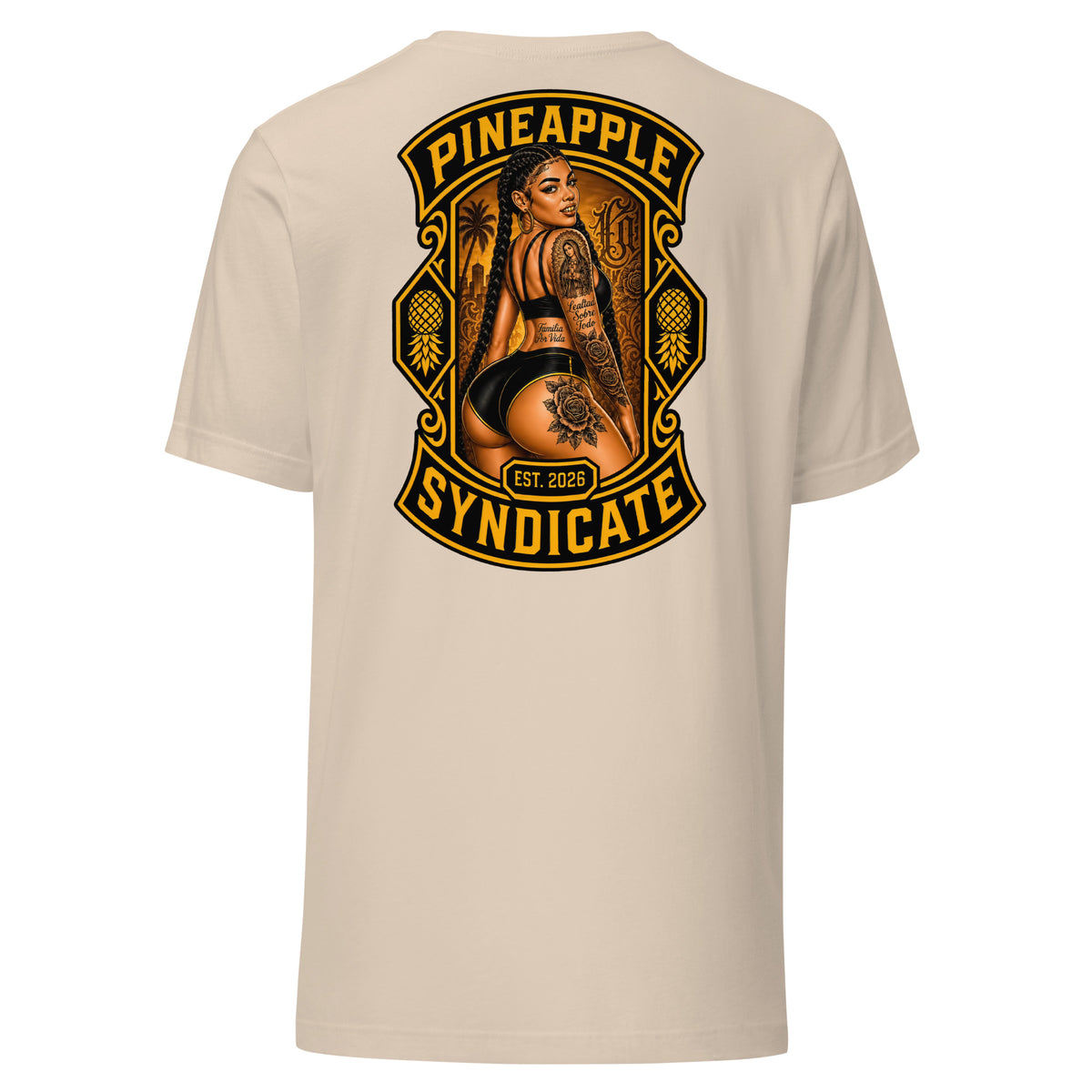 Pineapple Syndicate Braids  tee featuring a tattooed pinup with long braids, black-and-gold framing, pineapple side icons, and a city backdrop.