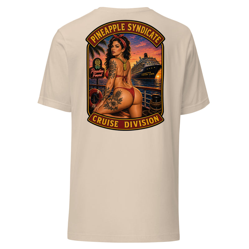 Pineapple Syndicate Cruise Division tee featuring a tattooed pinup on a cruise ship deck at sunset with Paradise Found neon sign, cruise ship backdrop, pineapple jewelry, and bold red-and-gold framing.