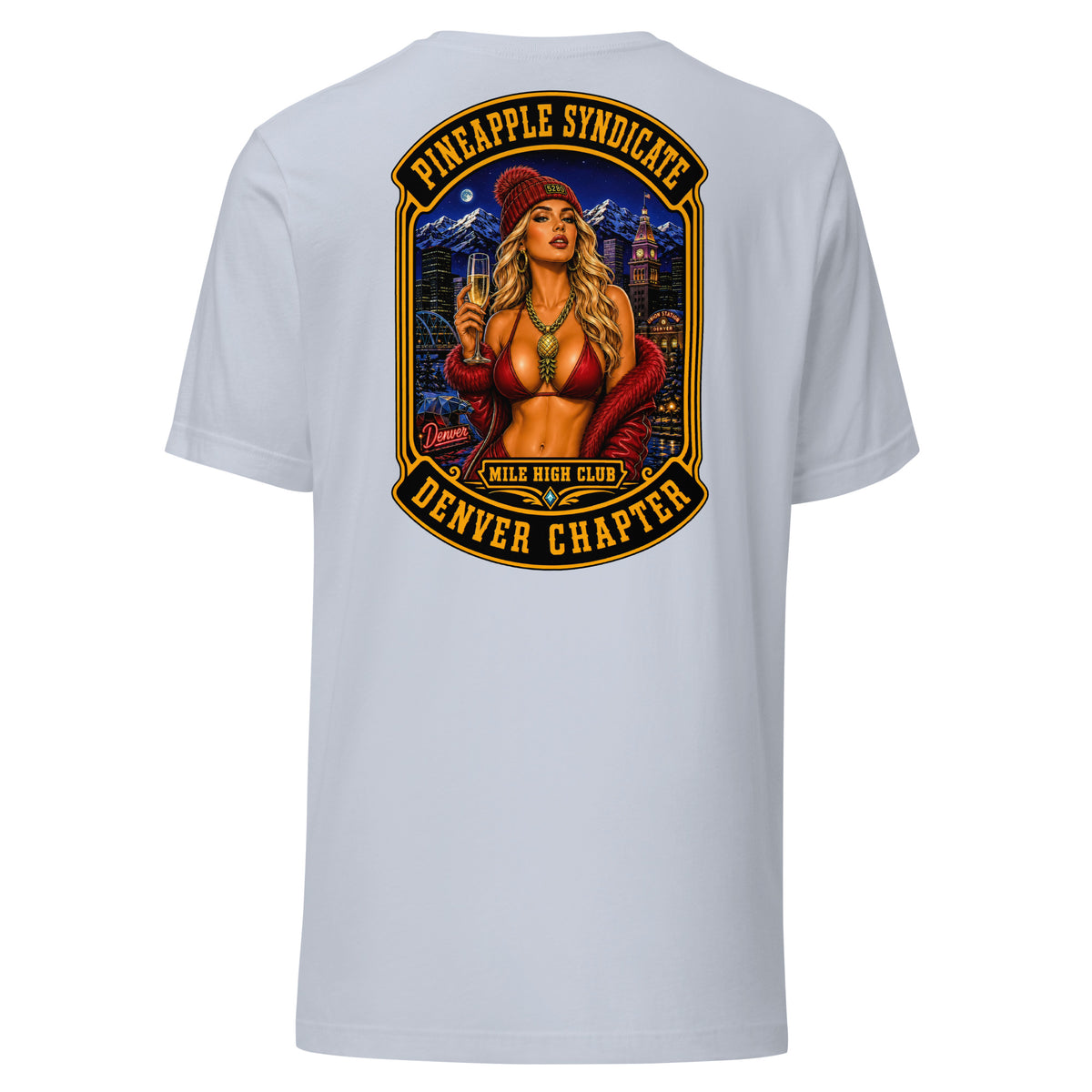 Pineapple Syndicate Denver Chapter tee featuring a blonde pinup with champagne, 5280 beanie, mountain skyline, Union Station, and bold black-and-gold framing.