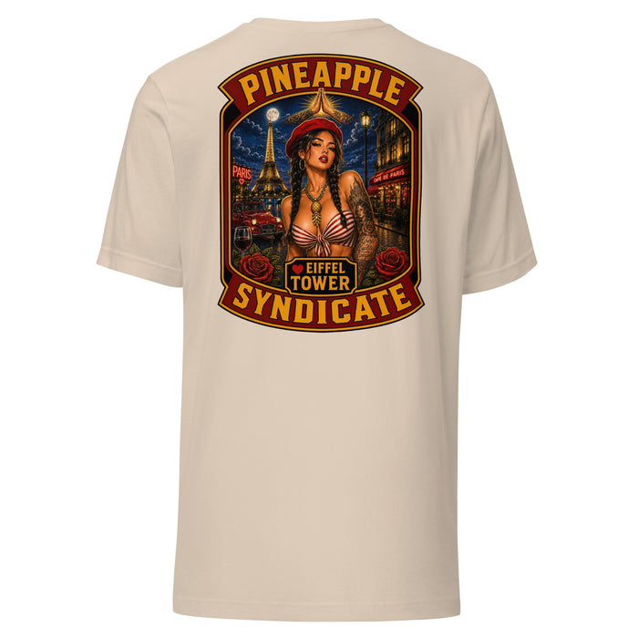 Pineapple Syndicate Eiffel Tower tee featuring a French pinup in a red beret with Eiffel Tower backdrop, Paris café scene, roses, wine glass, and bold red-and-gold framing.