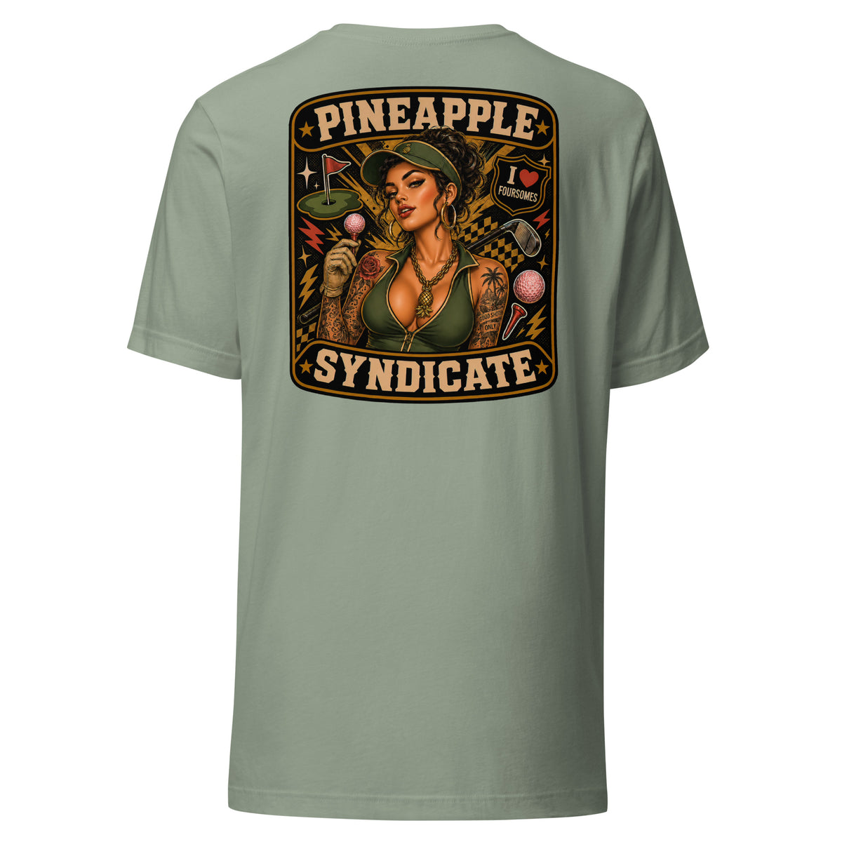 Pineapple Syndicate Foursomes tee featuring a tattooed golf pinup with pink golf balls, golf club, I Love Foursomes badge, pineapple pendant, checkered details, and bold black-and-cream framing.