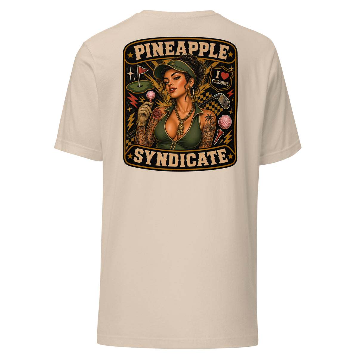 Pineapple Syndicate Foursomes tee featuring a tattooed golf pinup with pink golf balls, golf club, I Love Foursomes badge, pineapple pendant, checkered details, and bold black-and-cream framing.