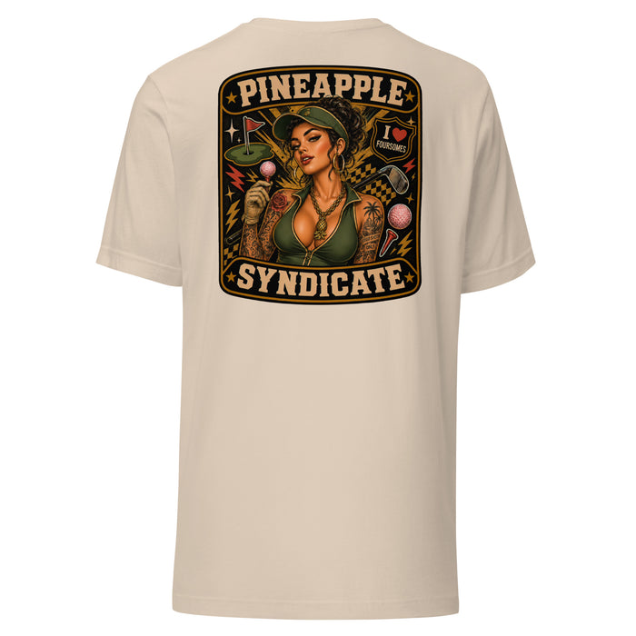 Pineapple Syndicate Foursomes tee featuring a tattooed golf pinup with pink golf balls, golf club, I Love Foursomes badge, pineapple pendant, checkered details, and bold black-and-cream framing.