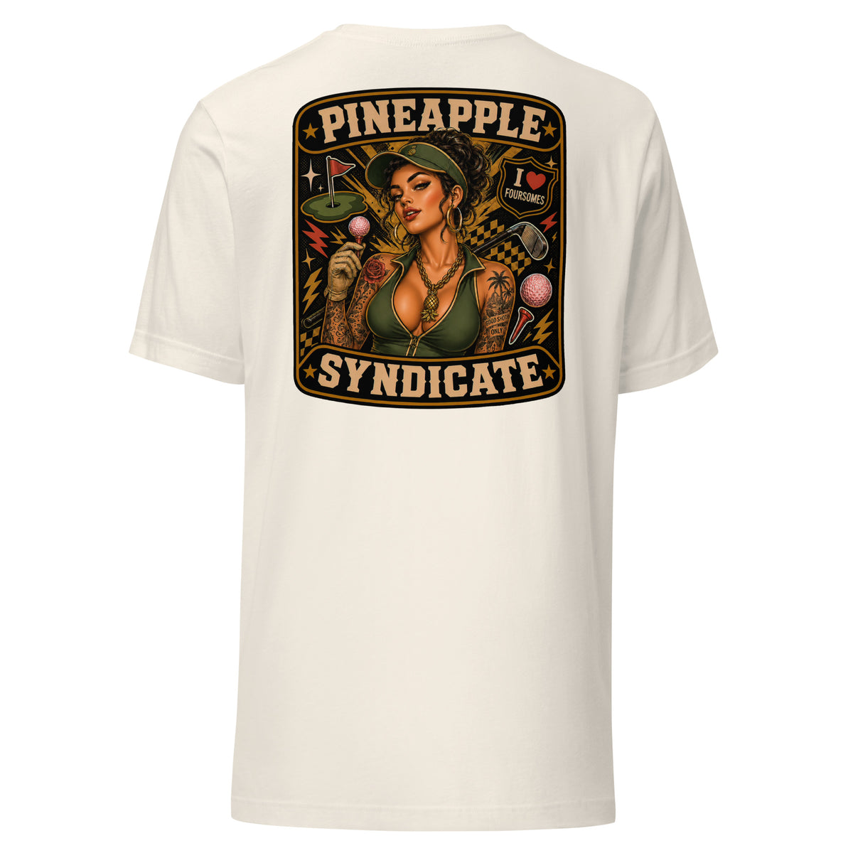 Pineapple Syndicate Foursomes tee featuring a tattooed golf pinup with pink golf balls, golf club, I Love Foursomes badge, pineapple pendant, checkered details, and bold black-and-cream framing.