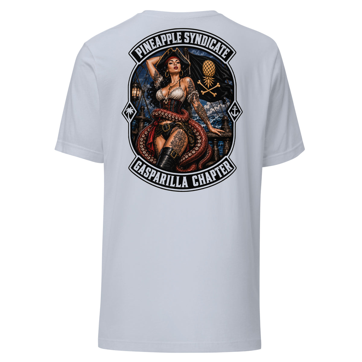 Pineapple Syndicate Gasparilla Chapter tee featuring a tattooed pirate pinup, stormy seas, tentacles, pirate flag, and bold chapter lettering.
