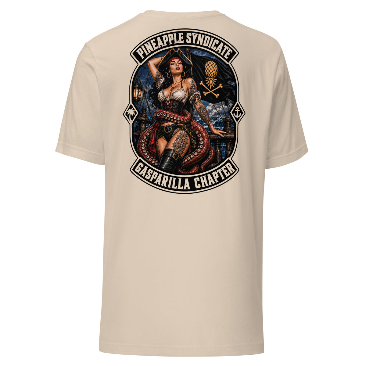 Pineapple Syndicate Gasparilla Chapter tee featuring a tattooed pirate pinup, stormy seas, tentacles, pirate flag, and bold chapter lettering.