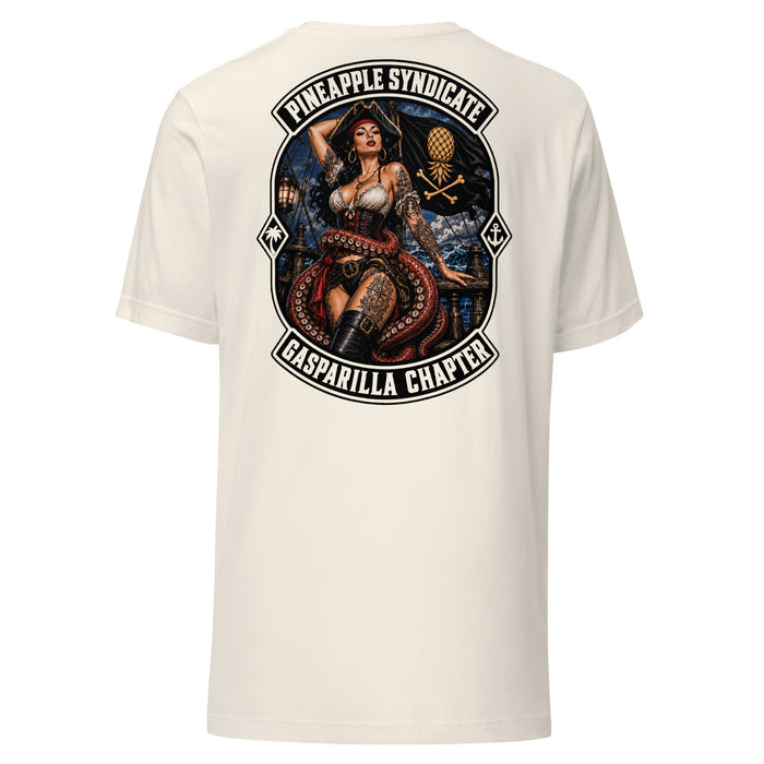 Pineapple Syndicate Gasparilla Chapter tee featuring a tattooed pirate pinup, stormy seas, tentacles, pirate flag, and bold chapter lettering.