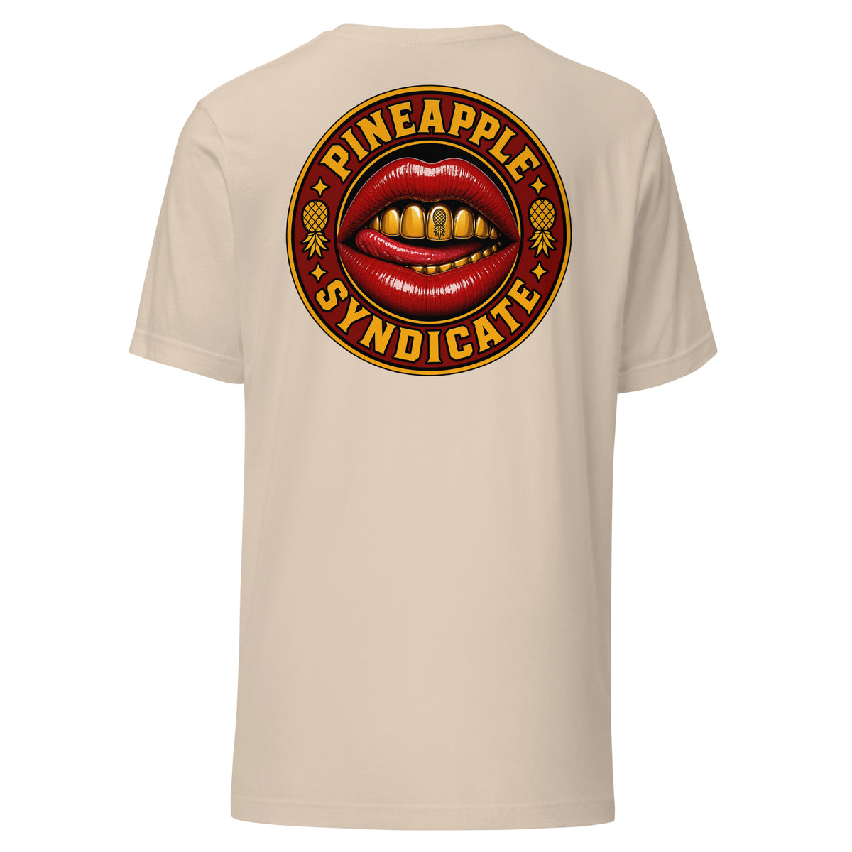 Pineapple Syndicate Gold Grill Signal tee featuring glossy red lips with a gold grill, pineapple tooth detail, pineapple side icons, and bold red-and-gold circular framing.