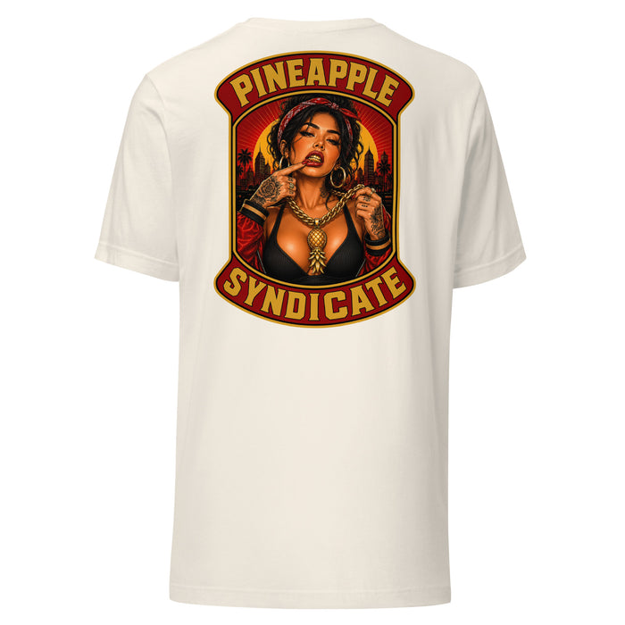 Pineapple Syndicate tee featuring a tattooed pinup with a gold grill, heavy gold chain with pineapple pendant, city skyline, and bold red-and-gold framing.