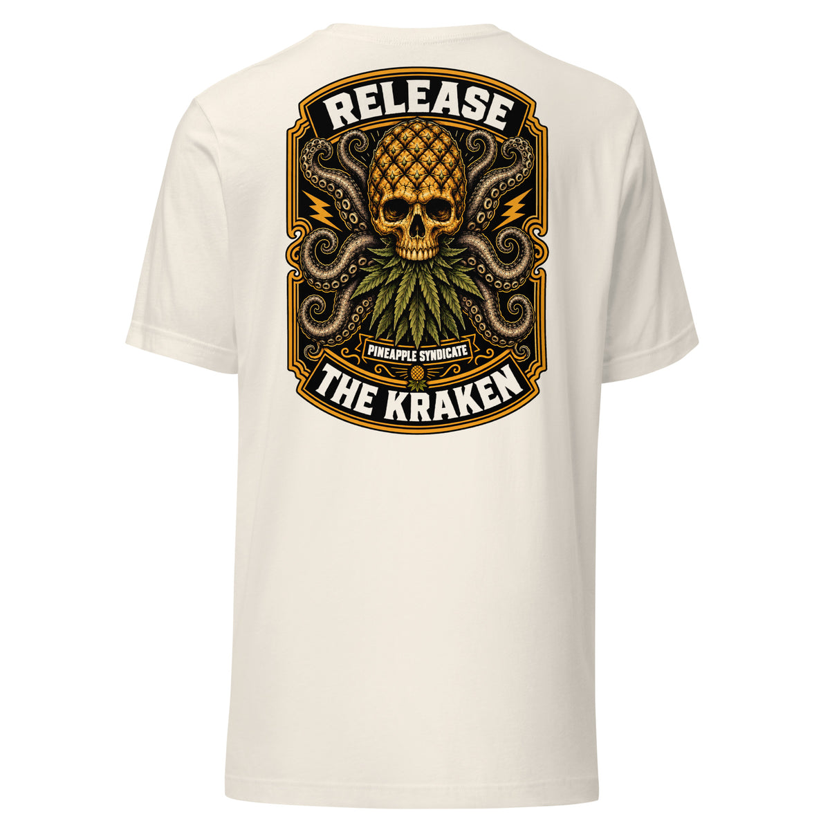 Pineapple Syndicate Release the Kraken tee featuring a pineapple skull with kraken tentacles, lightning details, black-and-gold framing, and bold statement lettering.