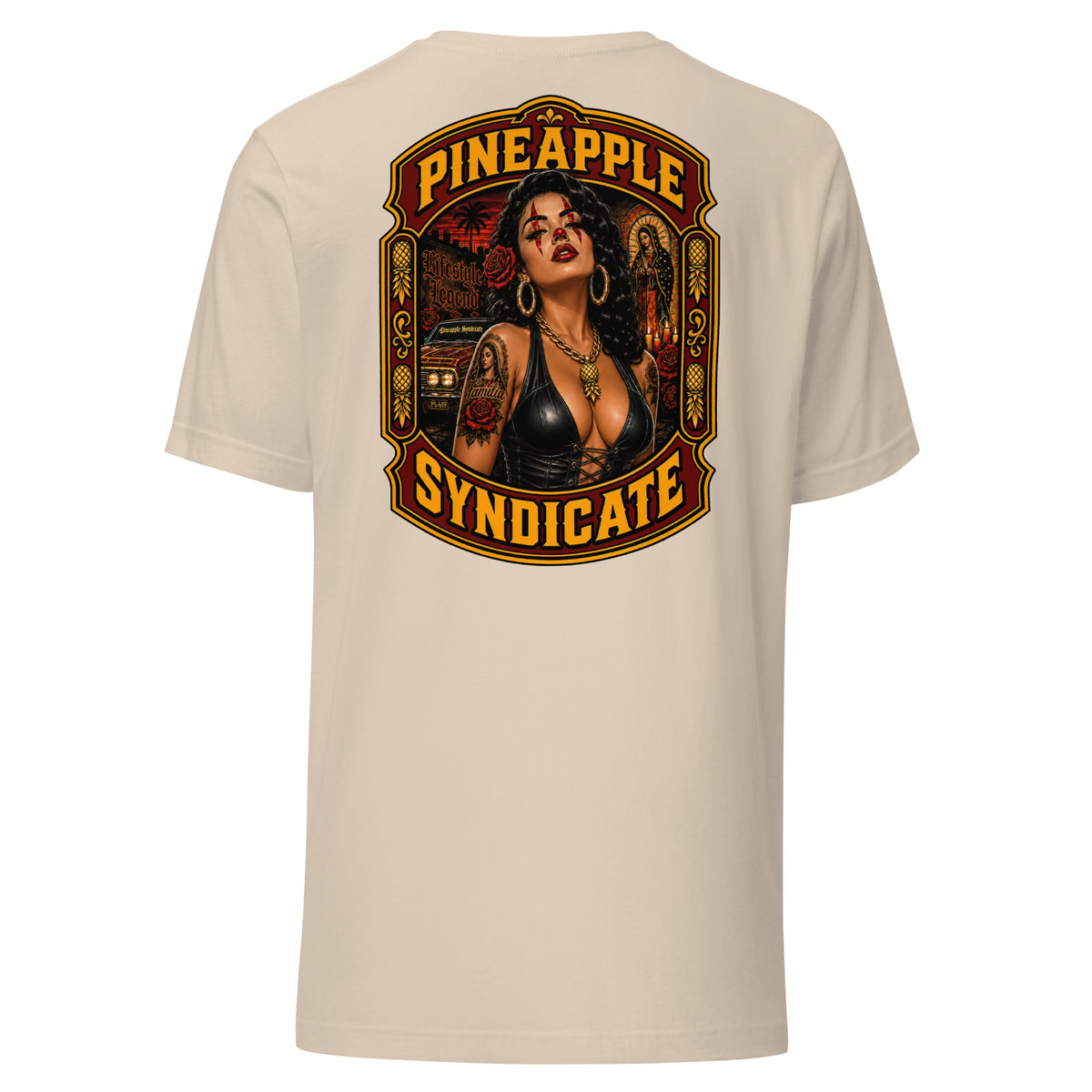 Pineapple Syndicate Lifestyle Legend tee featuring a tattooed pinup with red roses, gold pineapple pendant, lowrider scene, street backdrop, and bold red, black, and gold framing.