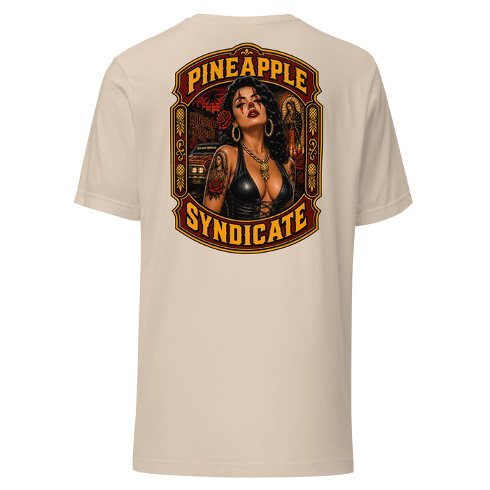 Pineapple Syndicate Lifestyle Legend tee featuring a tattooed pinup with red roses, gold pineapple pendant, lowrider scene, street backdrop, and bold red, black, and gold framing.