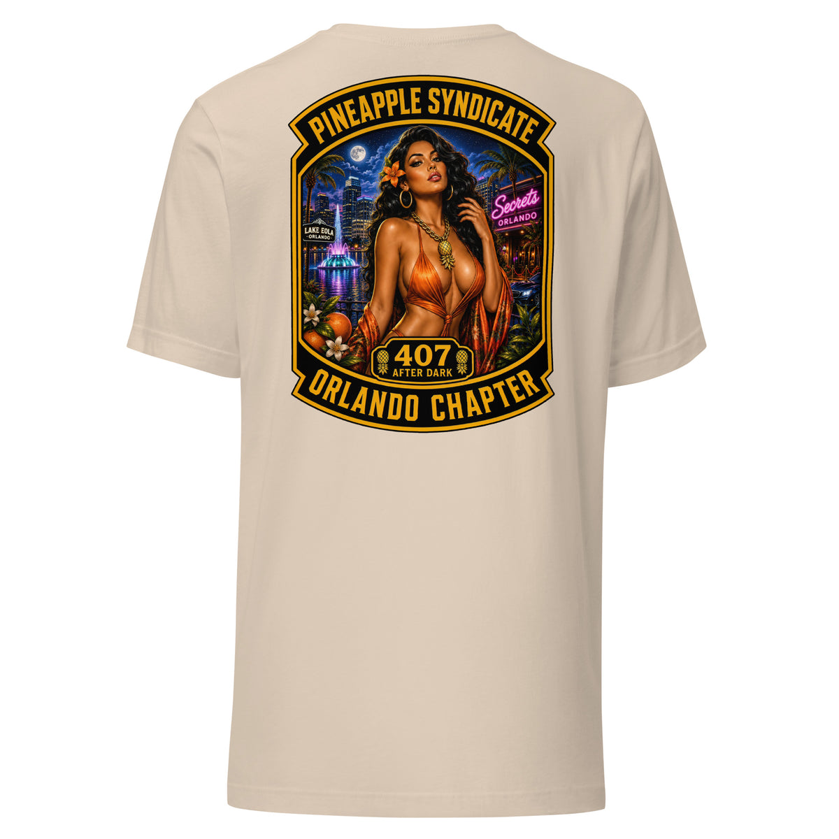Pineapple Syndicate Orlando Chapter tee featuring a tropical pinup with orange dress, 407 After Dark badge, Lake Eola fountain, Orlando skyline, citrus details, and bold black-and-gold framing.