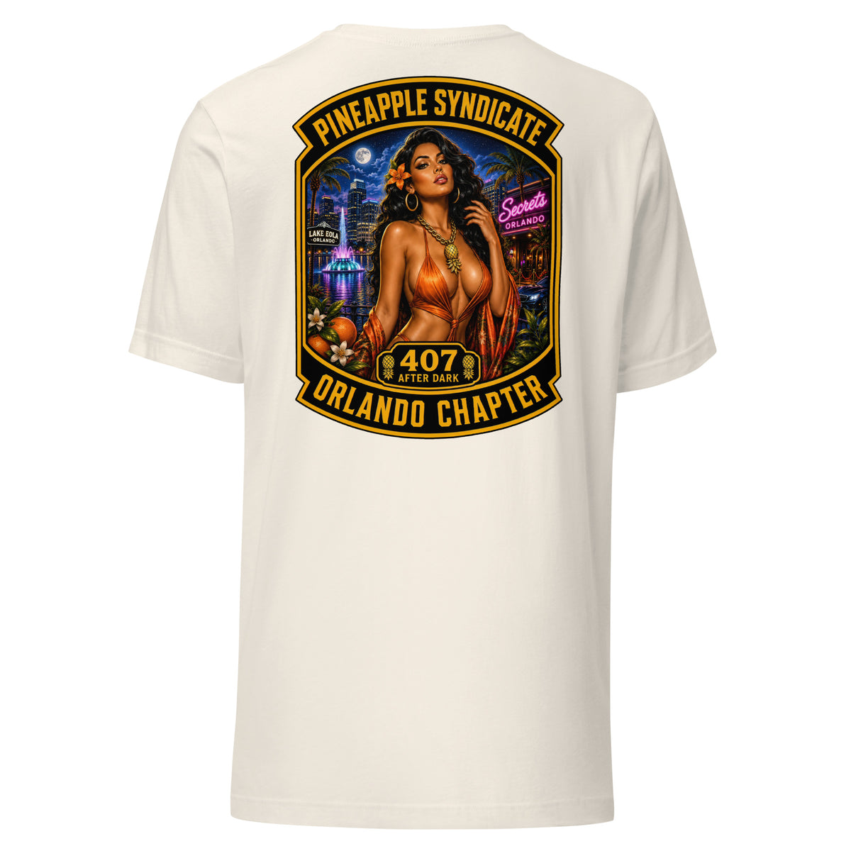 Product mocPineapple Syndicate Orlando Chapter tee featuring a tropical pinup with orange dress, 407 After Dark badge, Lake Eola fountain, Orlando skyline, citrus details, and bold black-and-gold framing.