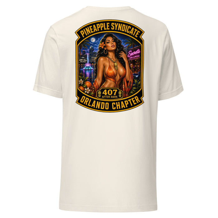 Product mocPineapple Syndicate Orlando Chapter tee featuring a tropical pinup with orange dress, 407 After Dark badge, Lake Eola fountain, Orlando skyline, citrus details, and bold black-and-gold framing.