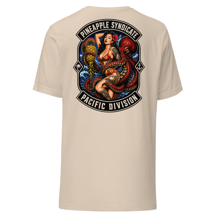 Pineapple Syndicate Pacific Division tee featuring a tattooed pinup surrounded by octopus tentacles, crashing waves, and an upside-down pineapple.