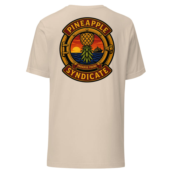 Pineapple Syndicate Paradise Found Signal tee featuring an upside-down pineapple inside a porthole with a sunset ocean scene, cruise ship silhouette, and Paradise Found banner.