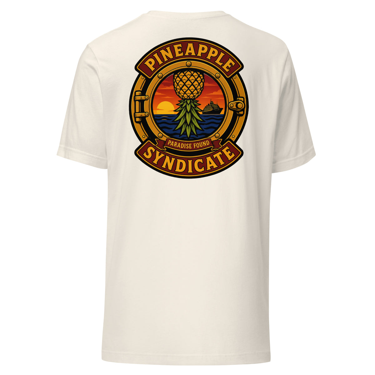 Pineapple Syndicate Paradise Found Signal tee featuring an upside-down pineapple inside a porthole with a sunset ocean scene, cruise ship silhouette, and Paradise Found banner.