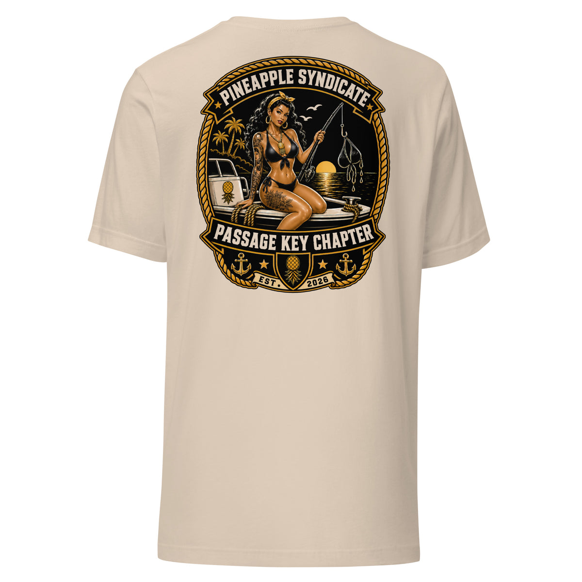 Pineapple Syndicate Passage Key Chapter tee featuring a tattooed fishing pinup on a boat at sunset with pineapple crest, anchors, rope framing, and nautical details.