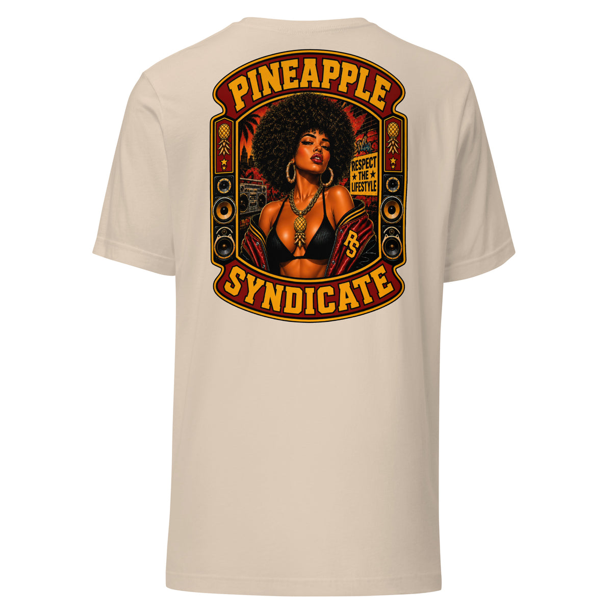 Pineapple Syndicate Respect the Lifestyle tee featuring a pinup with an afro, gold pineapple pendant, red jacket, speaker stacks, graffiti wall backdrop, and bold red-and-gold framing.