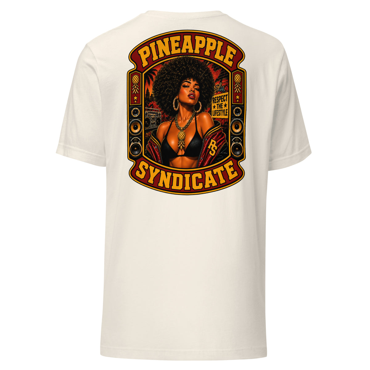 Pineapple Syndicate Respect the Lifestyle tee featuring a pinup with an afro, gold pineapple pendant, red jacket, speaker stacks, graffiti wall backdrop, and bold red-and-gold framing.