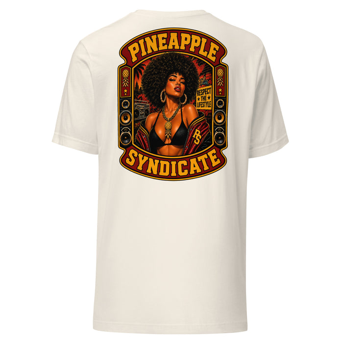 Pineapple Syndicate Respect the Lifestyle tee featuring a pinup with an afro, gold pineapple pendant, red jacket, speaker stacks, graffiti wall backdrop, and bold red-and-gold framing.