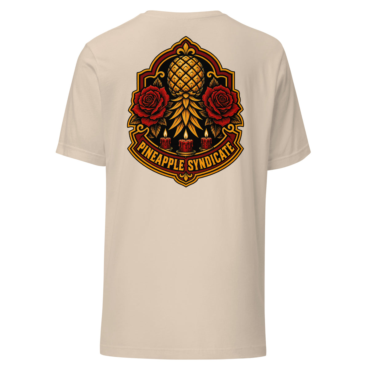 Pineapple Syndicate Sacred Pineapple Crest tee featuring a golden pineapple centerpiece with red roses, candle accents, ornate red-and-gold framing, and bold emblem styling.