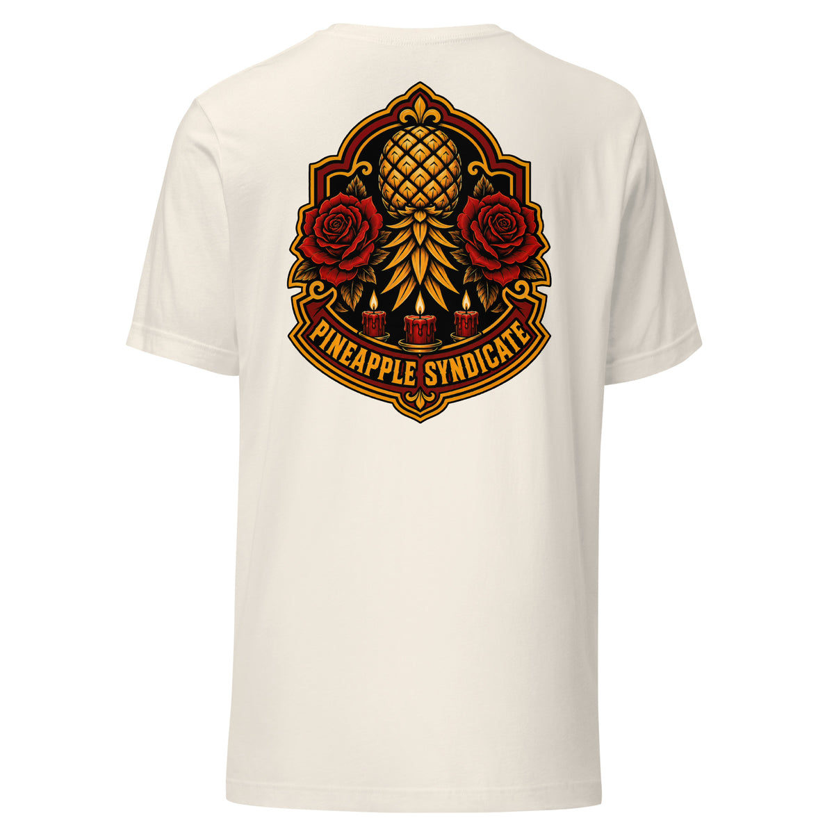 Pineapple Syndicate Sacred Pineapple Crest tee featuring a golden pineapple centerpiece with red roses, candle accents, ornate red-and-gold framing, and bold emblem styling.