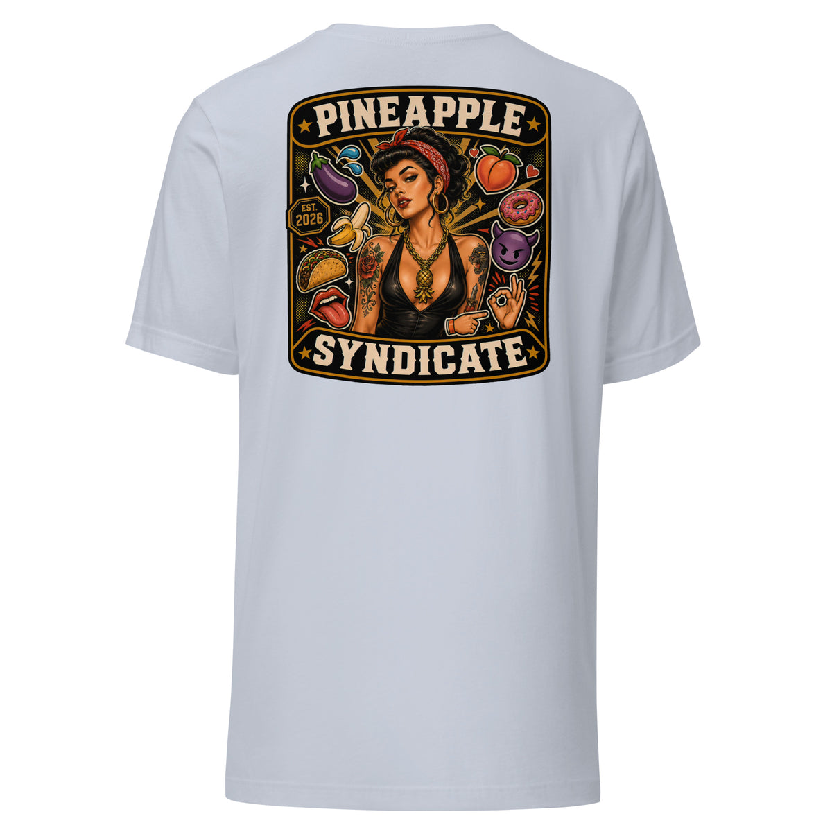 Pineapple Syndicate Speak in Code tee featuring a tattooed pinup with gold pineapple pendant surrounded by playful coded icons, emoji-style graphics, and bold black-and-cream framing.