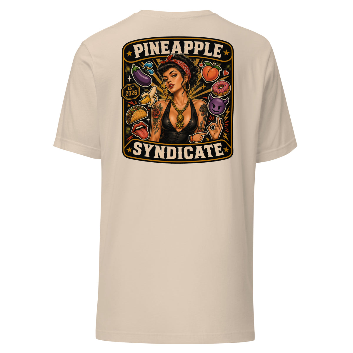 Pineapple Syndicate Speak in Code tee featuring a tattooed pinup with gold pineapple pendant surrounded by playful coded icons, emoji-style graphics, and bold black-and-cream framing.