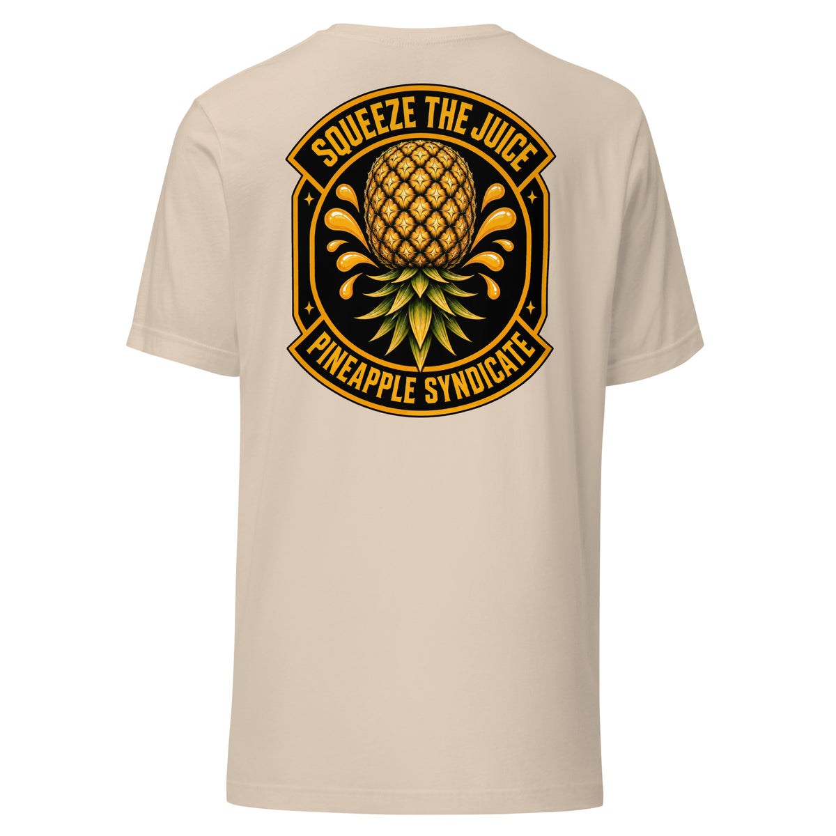 Pineapple Syndicate Squeeze the Juice Signal tee featuring a golden pineapple with juice splash details, star accents, and bold black-and-gold framing.