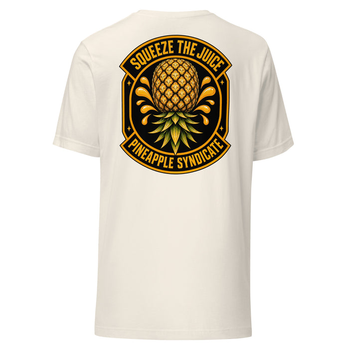 Pineapple Syndicate Squeeze the Juice Signal tee featuring a golden pineapple with juice splash details, star accents, and bold black-and-gold framing.