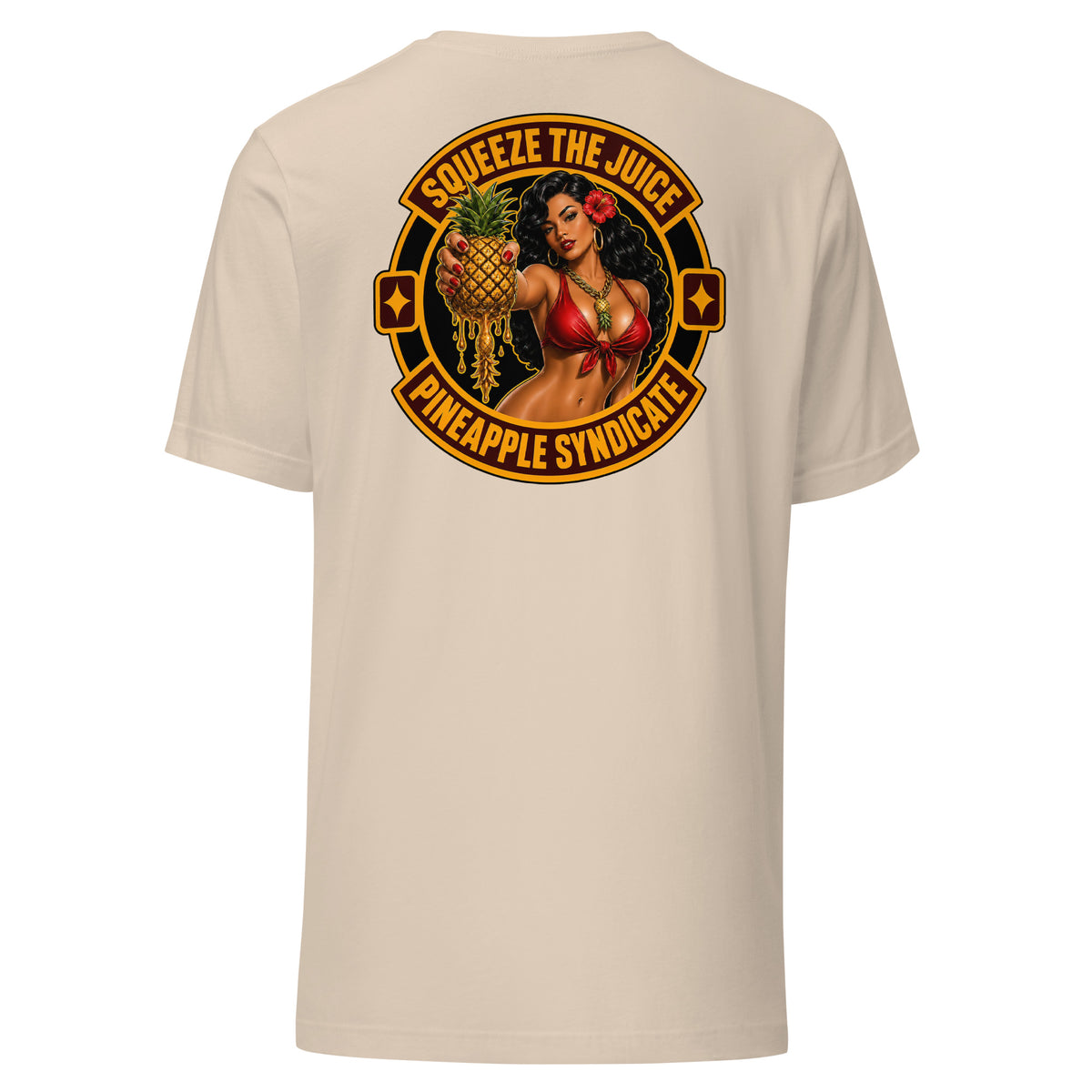 Pineapple Syndicate Squeeze the Juice tee featuring a tropical pinup holding a dripping pineapple with red-and-gold circular framing.