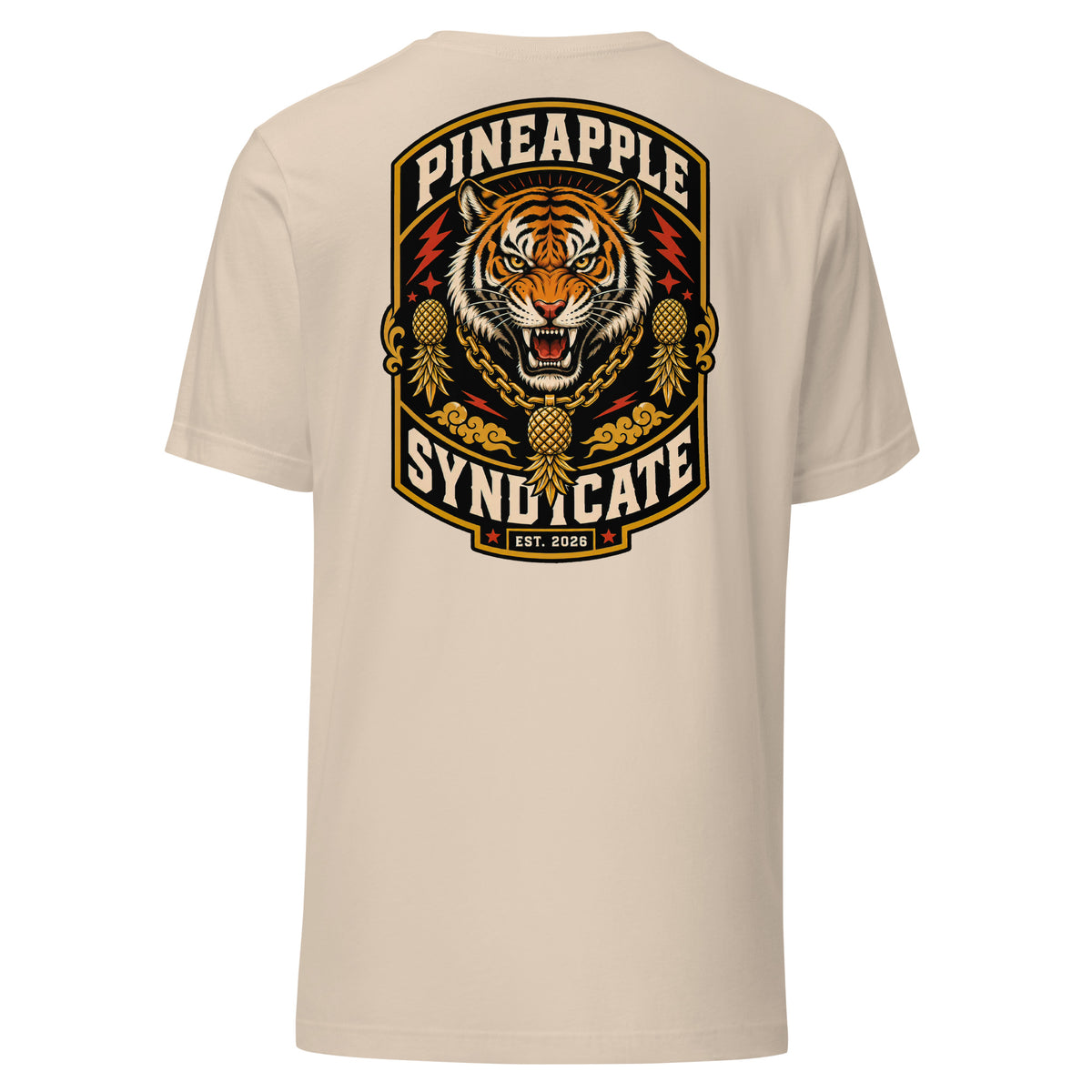 Pineapple Syndicate Tiger Signal tee featuring a roaring tiger with a gold pineapple chain pendant, pineapple side icons, red lightning accents, and bold black-and-cream framing.
