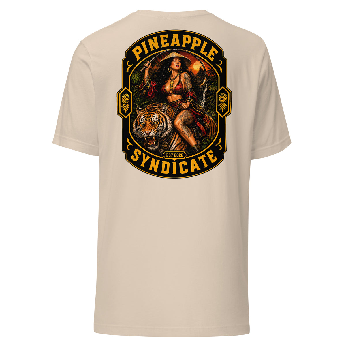 Pineapple Syndicate Tiger Style tee featuring a tattooed pinup riding a roaring tiger, jungle sunset backdrop, upside down pineapple side icons, and bold black-and-gold framing.