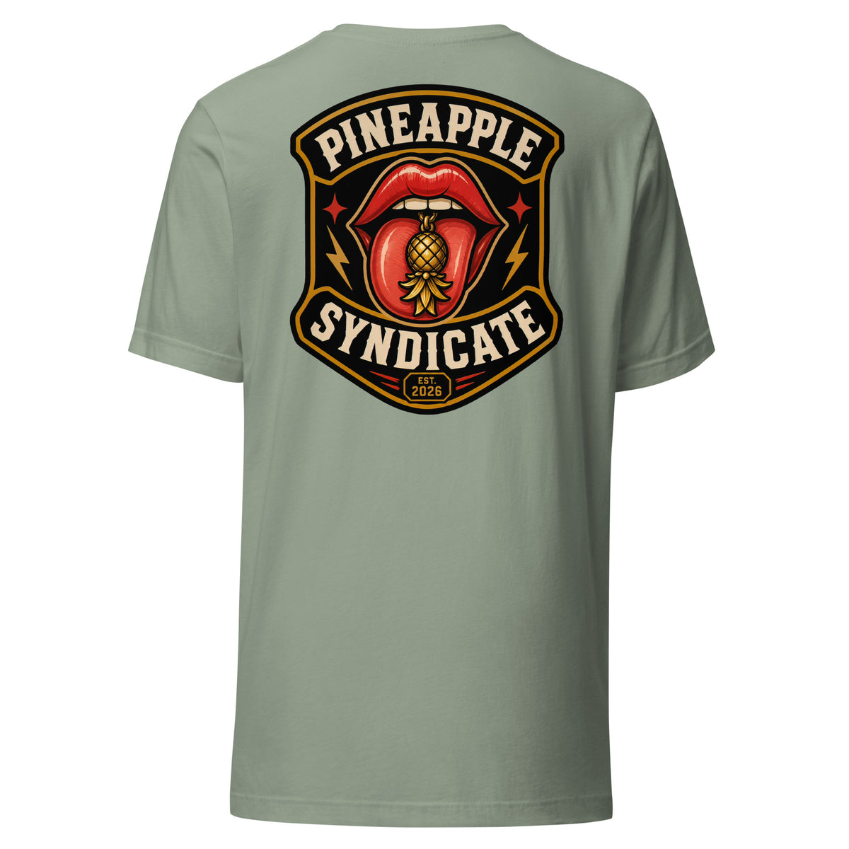 Pineapple Syndicate Quiet Signals tee featuring glossy red lips with a gold pineapple tongue charm, lightning-bolt accents, Est. 2026 badge, and bold black-and-cream framing.