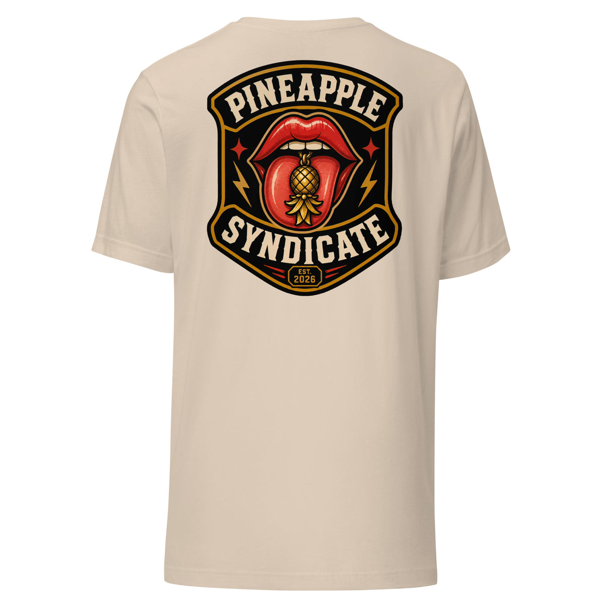 Pineapple Syndicate Quiet Signals tee featuring glossy red lips with a gold pineapple tongue charm, lightning-bolt accents, Est. 2026 badge, and bold black-and-cream framing.